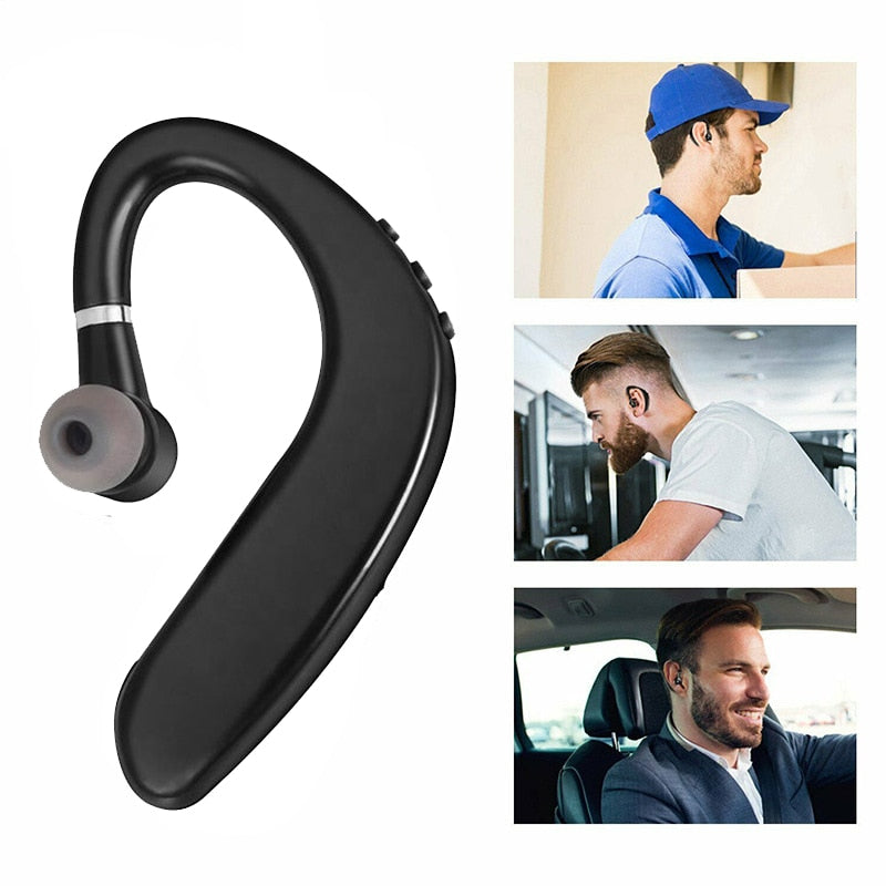 Ear-mounted Bluetooth hands-free headset.
