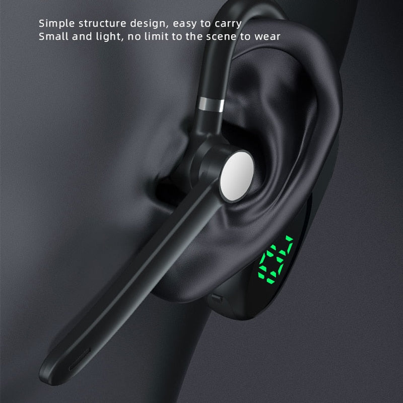 Ear-mounted Bluetooth hands-free headset.