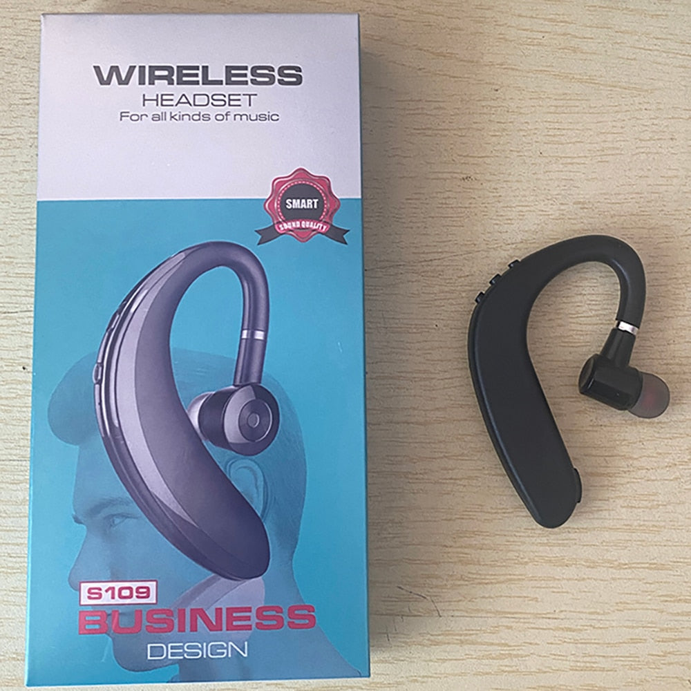 Ear-mounted Bluetooth hands-free headset.