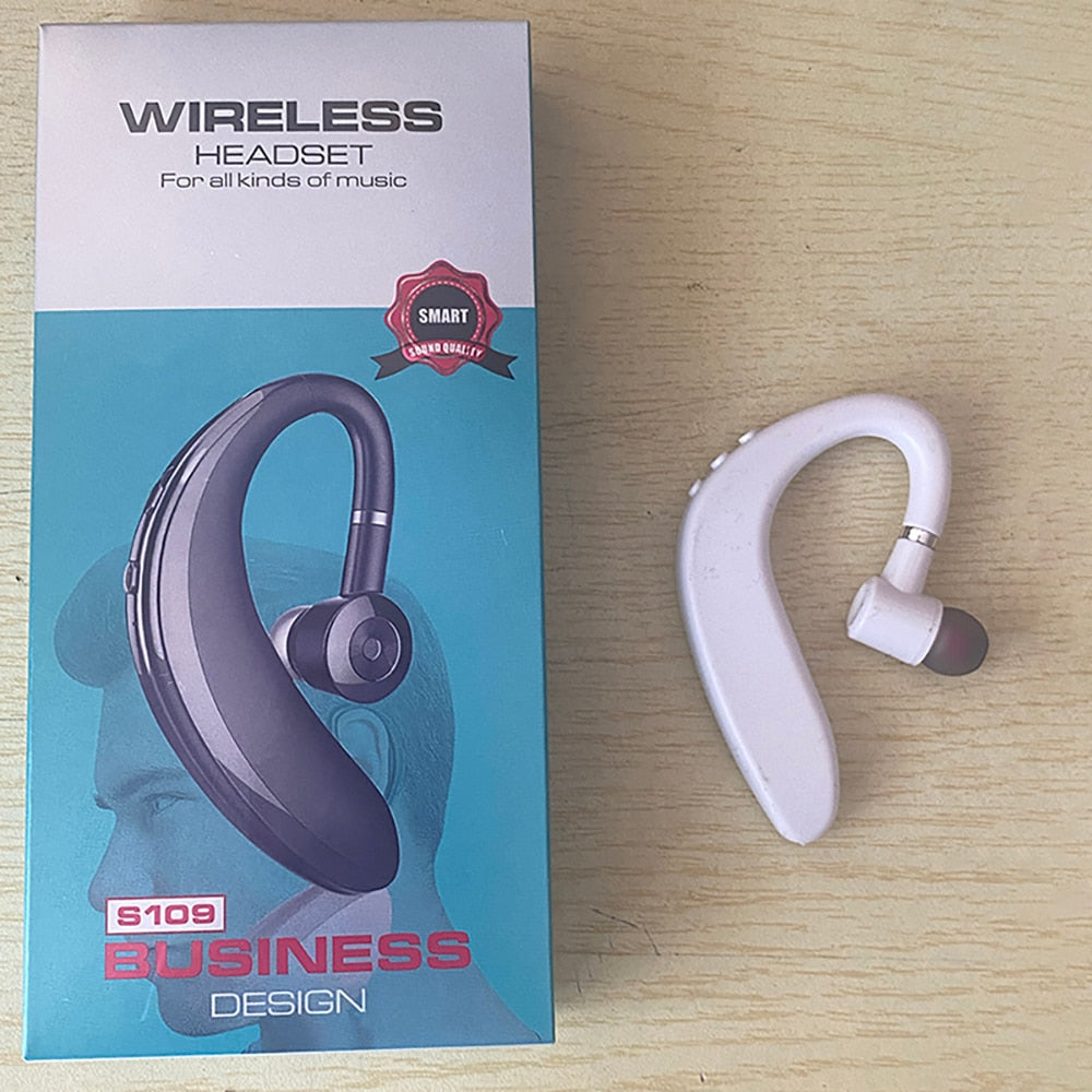 Ear-mounted Bluetooth hands-free headset.