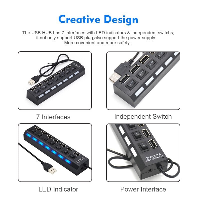 Multi USB HUB with Power Adapter for Computer