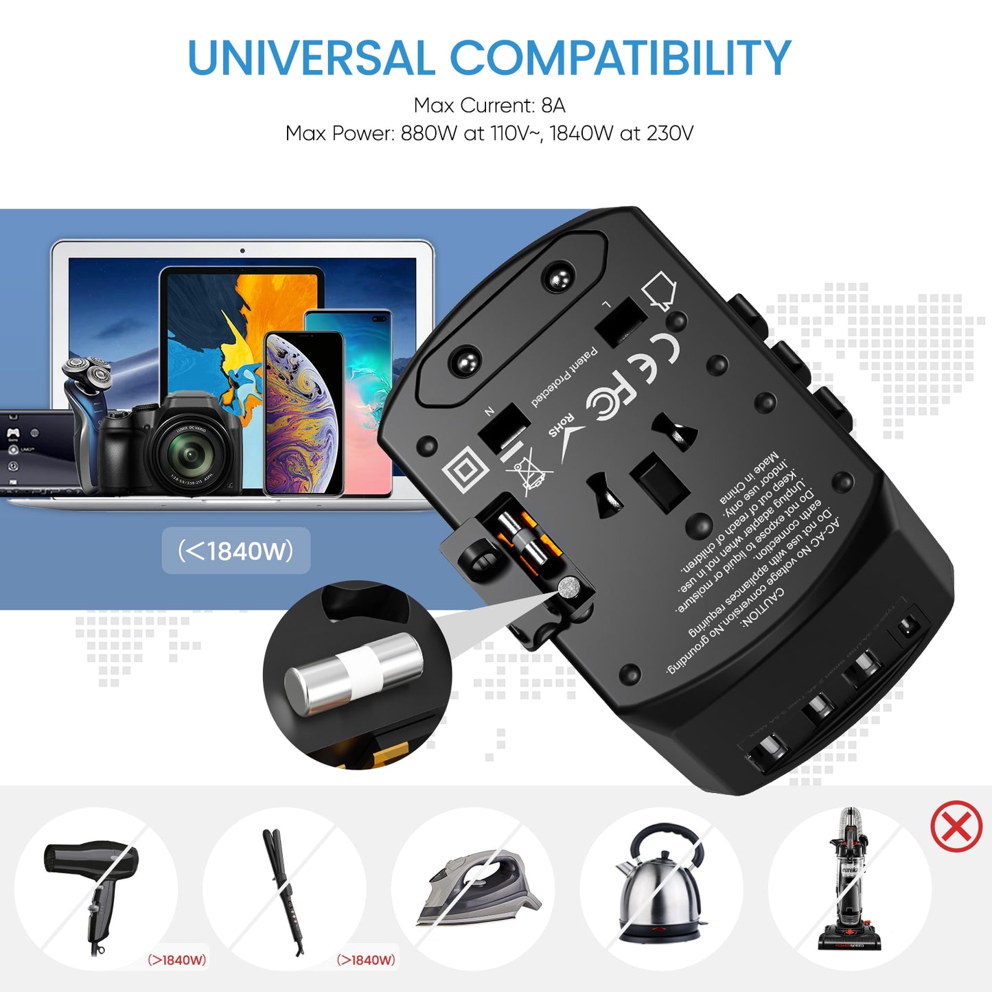 Universal All-in-one Travel Charger with 3 USB Ports